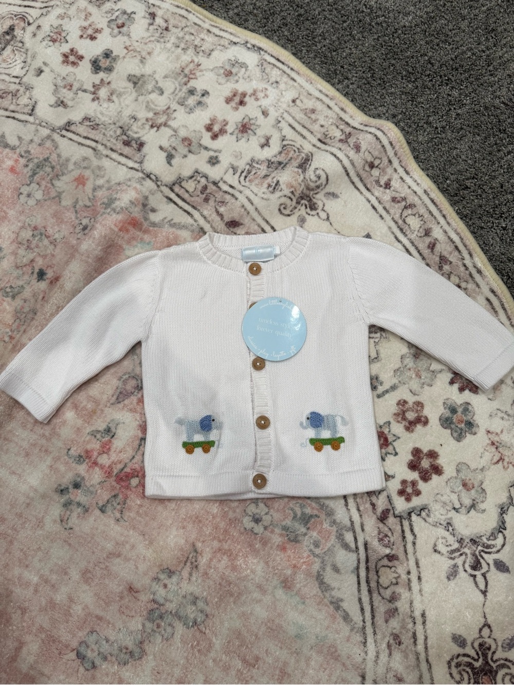 Little English White Knit Baby Cardigan with Wooden Button
